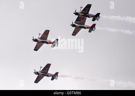 Un gruppo di Corvus Racer 540 Red Bull Air Race aeromobili vola in stretta formazione sul fiume Danubio, durante un air show presso la città di Budapest, domenica 1 maggio 2016 in Ungheria. Foto Stock