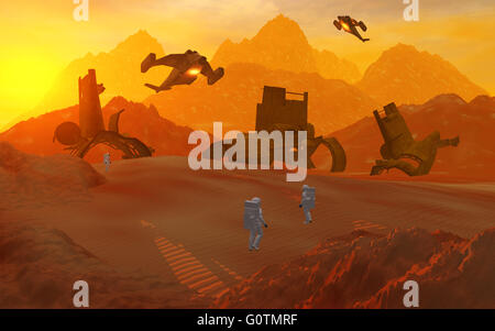 Messa a terra gli astronauti esaminando il relitto di un crash del veicolo spaziale. Foto Stock