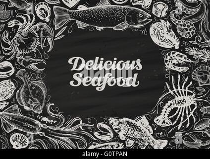 Deliziosi frutti di mare. disegnati a mano il cibo sulla lavagna. template design menu ristorante o bar Illustrazione Vettoriale