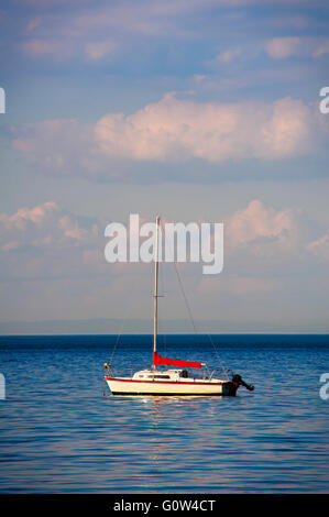 Una sola barca a vela ormeggiata in mare Foto Stock