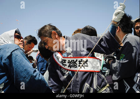 4 maggio 2016 - La gente lotta con aquiloni presso il Festival di Hamamatsu nella Prefettura di Shizuoka, Giappone. Squadre costruire i propri aquiloni, misurazione fino a 3.5 da 3,5 metri, e quindi tentare di portare verso il basso le altre squadre' aquiloni da battenti la loro chiusura insieme e utilizzando l'attrito per masterizzare la canapa kite stringhe. Il festival che celebra nuove nascite, avviene può 3-5 e coincide con la Giornata dei bambini. © Ben Weller/AFLO/Alamy Live News Foto Stock