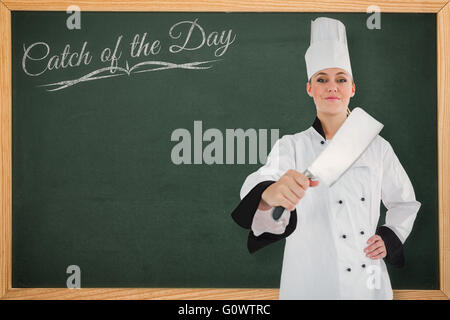 Immagine composita del ritratto femminile di chef con carne cleaver Foto Stock