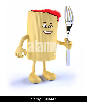 Maccheroni con il viso, le braccia, le gambe e la forcella sul lato 3d illustrazione Foto Stock