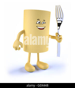 Maccheroni con il viso, le braccia, le gambe e la forcella sul lato 3d illustrazione Foto Stock