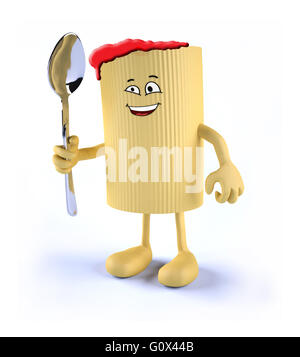 Maccheroni con il viso, le braccia, le gambe e il cucchiaio sul lato 3d illustrazione Foto Stock