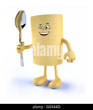 Maccheroni con il viso, le braccia, le gambe e il cucchiaio sul lato 3d illustrazione Foto Stock