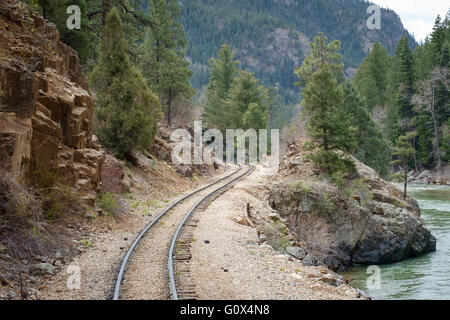 Vista di Durango Silverton Narrow Gauge Steam Railway e Animas River Valley, Colorado, STATI UNITI D'AMERICA Foto Stock