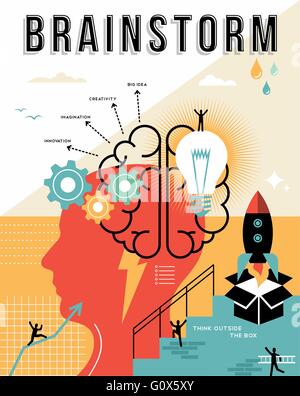 Concetto di brainstorming illustrazione in linea piana arte con gli elementi di lavoro, laterale il pensiero creativo design ideale per poster Illustrazione Vettoriale