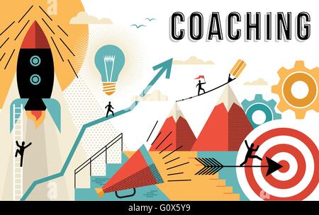 Concetto di coaching illustrazione, per raggiungere i vostri obiettivi di business al lavoro. Arte piana delineare gli elementi di stile legati al lavoro di successo. Illustrazione Vettoriale