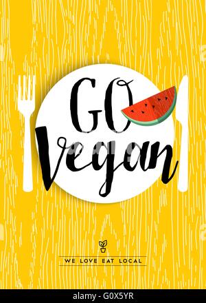 Go vegan illustration design con cocomero pasto di frutta e coltivati localmente il testo preventivo per il menu del ristorante o negozio di alimentari. EPS10 Illustrazione Vettoriale