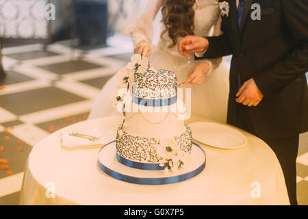 La bellezza della Sposa e lo sposo belli sono il taglio bianco torta nuziale decorata con blue riband Foto Stock