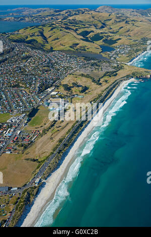 La spiaggia di St Kilda, e Chisholm Park Campo da Golf, Dunedin, Otago, South Island, in Nuova Zelanda - aerial Foto Stock