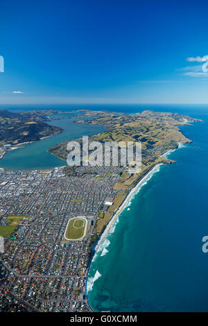 St Clair e St Kilda spiagge, porto di Otago e la penisola di Otago, Dunedin, Otago, South Island, in Nuova Zelanda - aerial Foto Stock