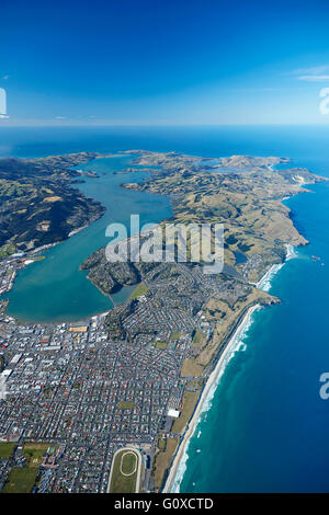 St Clair e St Kilda spiagge, porto di Otago e la penisola di Otago, Dunedin, Otago, South Island, in Nuova Zelanda - aerial Foto Stock