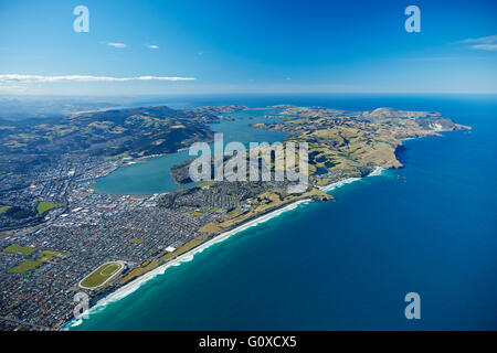 St Clair e St Kilda spiagge, porto di Otago e la penisola di Otago, Dunedin, Otago, South Island, in Nuova Zelanda - aerial Foto Stock