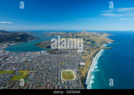 St Clair e St Kilda spiagge, porto di Otago e la penisola di Otago, Dunedin, Otago, South Island, in Nuova Zelanda - aerial Foto Stock