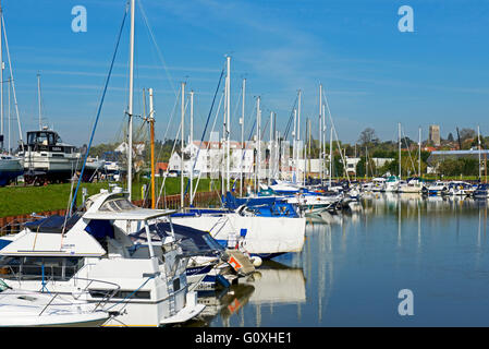 Barche ormeggiate nel porto turistico, Woodbridge, Suffolk, Inghilterra, Regno Unito Foto Stock