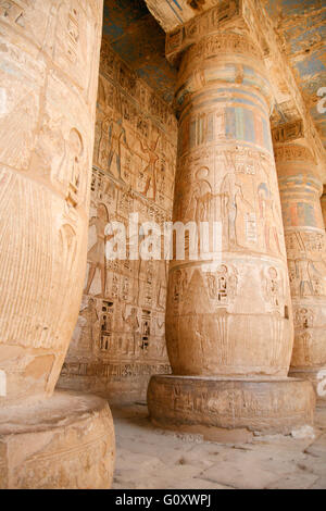 Dipinti egiziani, carving figure e geroglifici in colonne e una parete di pietra miliare tempio di Ramses o Ramesse III a Medinet Foto Stock