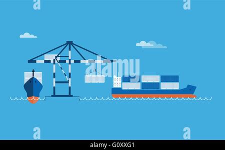 Piatto di vettore di trasporto globali concetto illustrazione. Le navi da carico nel porto. Illustrazione Vettoriale