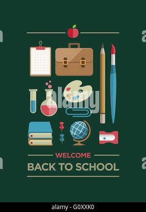 Vettore di istruzione piana e forniture scolastiche Icon Set. Illustrazione Vettoriale