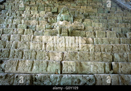 La scala geroglifica, Copan rovine, un sito archeologico della civiltà Maya nel dipartimento di Copan, Honduras Foto Stock