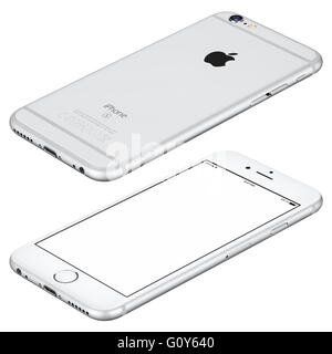 Varna, Bulgaria - 25 Ottobre 2015: Silver Apple iPhone 6s mockup giace sulla superficie ruotato in senso orario con lo schermo bianco Foto Stock