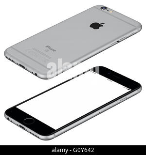 Varna, Bulgaria - 25 Ottobre 2015: spazio grigio Apple iPhone 6s mockup giace sulla superficie ruotato in senso orario con lo schermo bianco Foto Stock