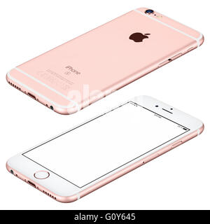 Varna, Bulgaria - 25 Ottobre 2015: Rose Gold Apple iPhone 6s mockup giace sulla superficie ruotato in senso orario con lo schermo bianco Foto Stock