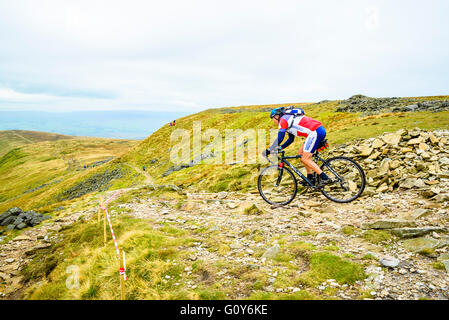 Rider Ingleborough discendente nel 2015 Tre Cime gara ciclocross, un evento annuale su tre montagne dello Yorkshire Foto Stock