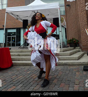 Chitarrista cubano e ballerini eseguono ayt il giorno Victoria Market, il Distillery District, Toronto, Ontario, Canada Foto Stock