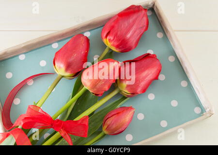 Tulipani rossi in una casella su un tavolo di legno Foto Stock