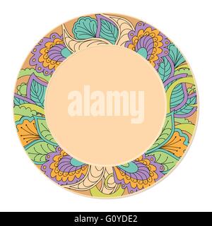 Disegnato a mano piattino decorato in stile Boho con doodle piante. isolato su bianco. template per la decorazione dei piatti, piastre. Illustrazione Vettoriale