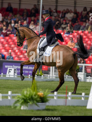 Badminton House, Badminton, UK. 06 Maggio, 2016. Mitsubishi Motors Badminton Horse Trials. Giorno 3. Zara Tindall (GBR) equitazione &#x2018;alta unito" Membro della medaglia d argento i team in entrambi i Giochi Olimpici di Londra e il 2014 Giochi equestri mondiali durante il dressage elemento della Mitsubishi Motors Badminton Horse Trials 2016. Credito: Azione Sport Plus/Alamy Live News Foto Stock