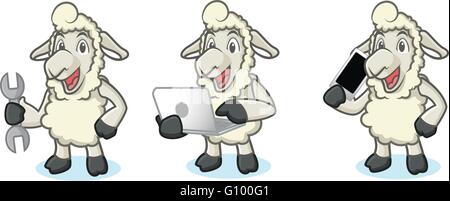 Beige mascotte di pecora con telefono Illustrazione Vettoriale