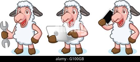 Bianco mascotte di pecora con il computer portatile Illustrazione Vettoriale