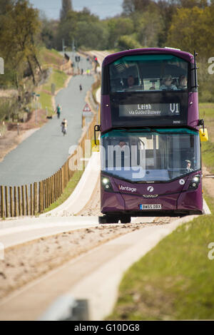 Bus viola sul nuovo guidato blindosbarra conducente e passeggeri visibile Foto Stock