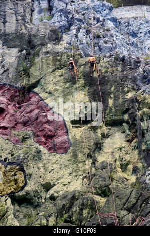 Arrampicata a Vinales, Valley in Pinar del Rio, Cuba è un sito Patrimonio Mondiale dell'Unesco dal 1999 la preistoria murale dipinto nella parete di una scogliera è una delle attrazioni famose nel punto di riferimento Foto Stock