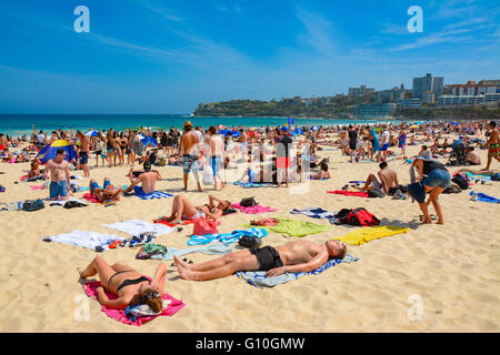 La gente sulla spiaggia Bondi per la vacanza in estate, Sydney, Nuovo Galles del Sud, Australia Foto Stock