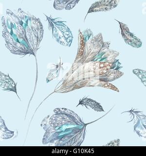 Seamless boho chic texture con le piume, fiori e cristalli su sfondo blu per i tessili e i wallpaper design Foto Stock