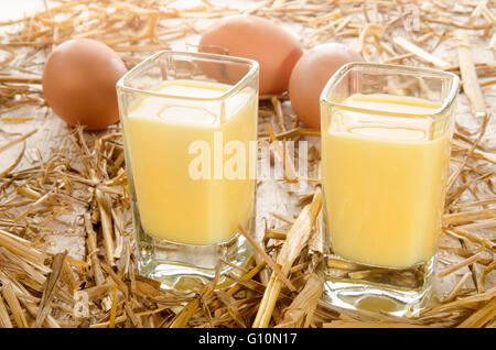 Fatto in casa liquore all'uovo, colpo di vetro e uova fresche nella paglia Foto Stock