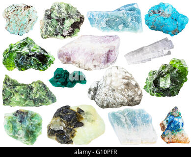 Set di vari minerali naturali gemme e cristalli - ussingite, tennantite, tirolite, azurite, scolecite, turchese, prehnite Foto Stock