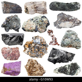 Set di vari minerali naturali pietre e rocce: purpurite, molybdenite, glaucophane, nativo, rame, magnetite, anfibolo, gale Foto Stock