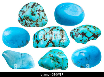 Set di varie howlite blu (turquenite, turquonite, turchese immitation) naturali pietre minerali e gemme isolate su whit Foto Stock