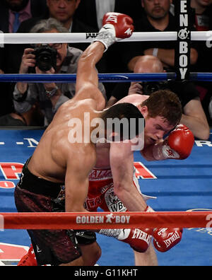 Las Vegas NV, Stati Uniti d'America. Il 7 maggio, 2016. (In rosso trunk) Messico Canelo Alvarez KO's britannico di Amir Khan nel sesto round sabato notte al T-Mobile Arena. Il Messico di Canelo ha preso la vittoria per KO per i pesi medi nel campionato del mondo di Las Vegas. Credit: Gene Blevins/ZUMA filo/Alamy Live News Foto Stock