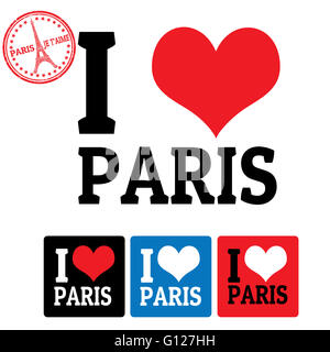 I love Paris segno e le etichette su sfondo bianco, illustrazione vettoriale Foto Stock