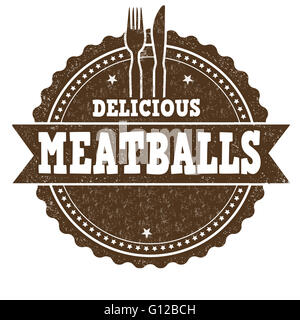 Le polpette di carne grunge timbro di gomma su sfondo bianco, illustrazione vettoriale Foto Stock