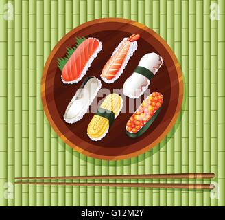 Vassoio di sushi roll e bacchette illustrazione Illustrazione Vettoriale