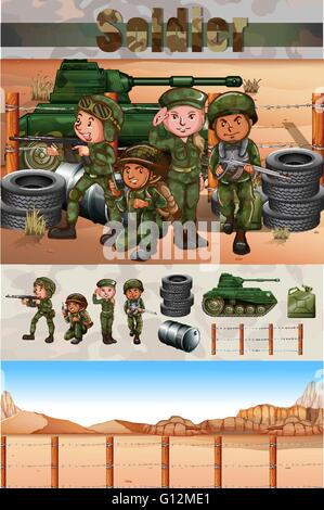 Soldati combattono in campo di battaglia illustrazione Illustrazione Vettoriale