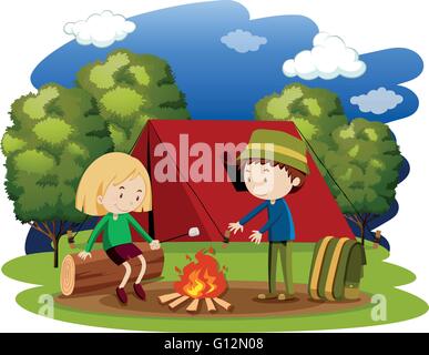 Donna e uomo campeggio a notte illustrazione Illustrazione Vettoriale