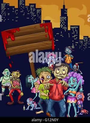 Gli zombie a piedi nella città illustrazione Illustrazione Vettoriale